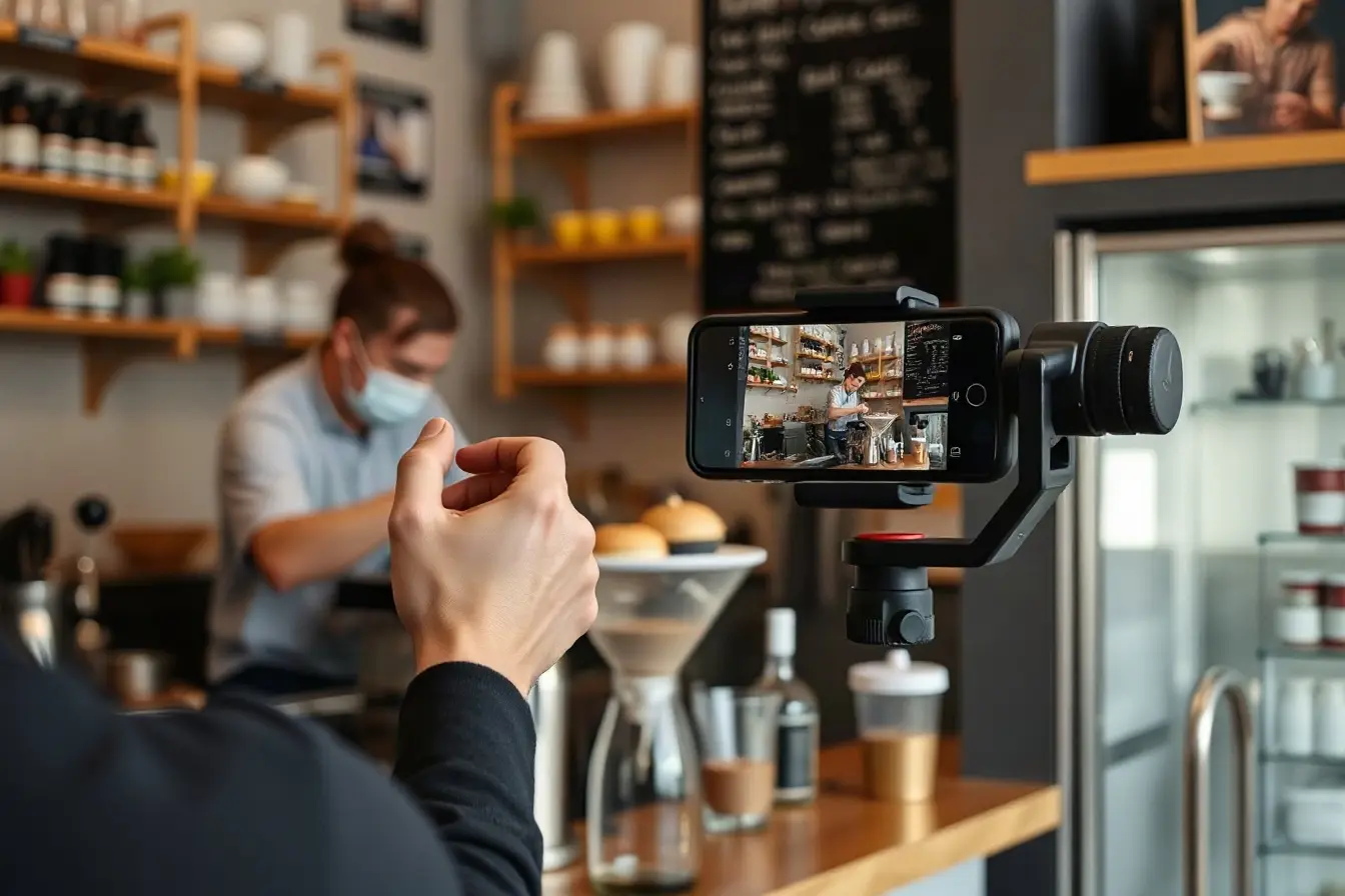 Videographer filming a barista with a vertical phone gimbal